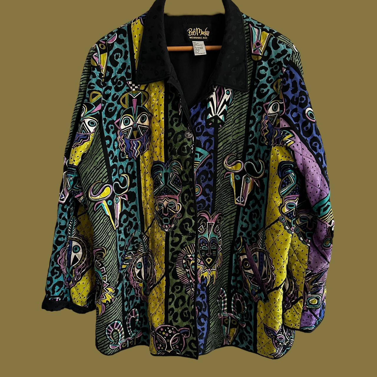 Women's Jacket - Multi/Black - XL – Bob Mackie wearable art Multi-coloured African mask …