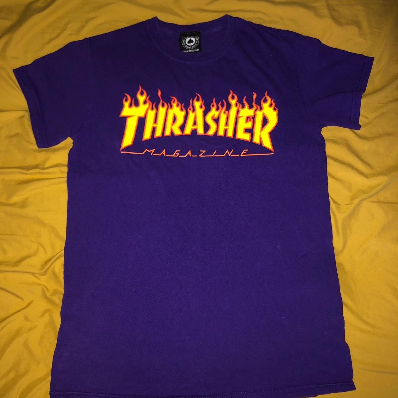 Purple Thrasher magazine flame logo t-shirt. Size... - Depop