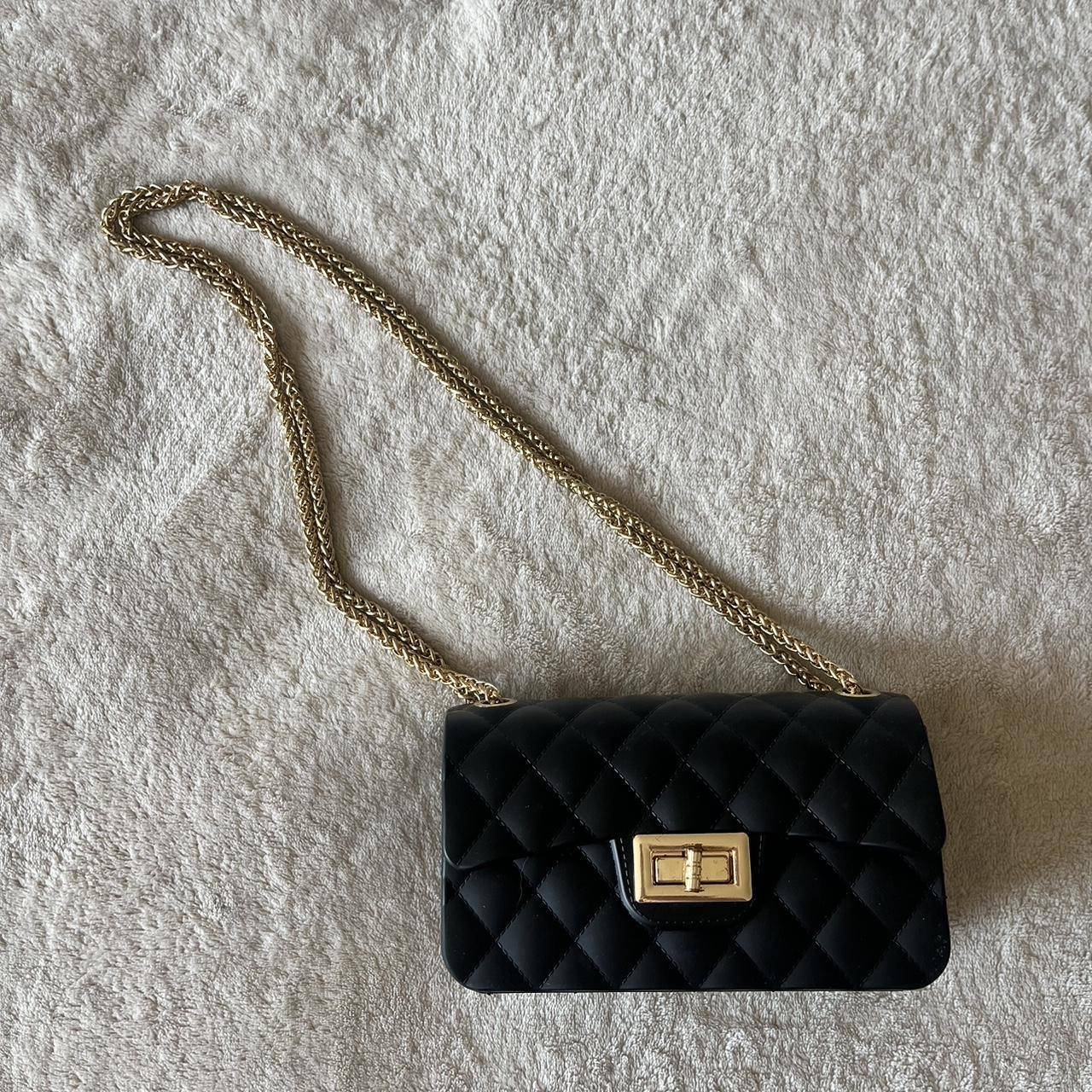 Small black purse with gold chain sale