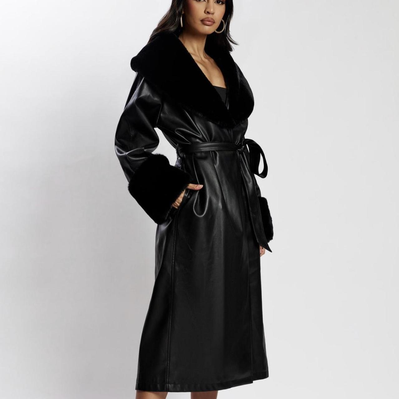 Meshki Rebekah Pu Trench Coat With Fur Trim - Black... - Depop