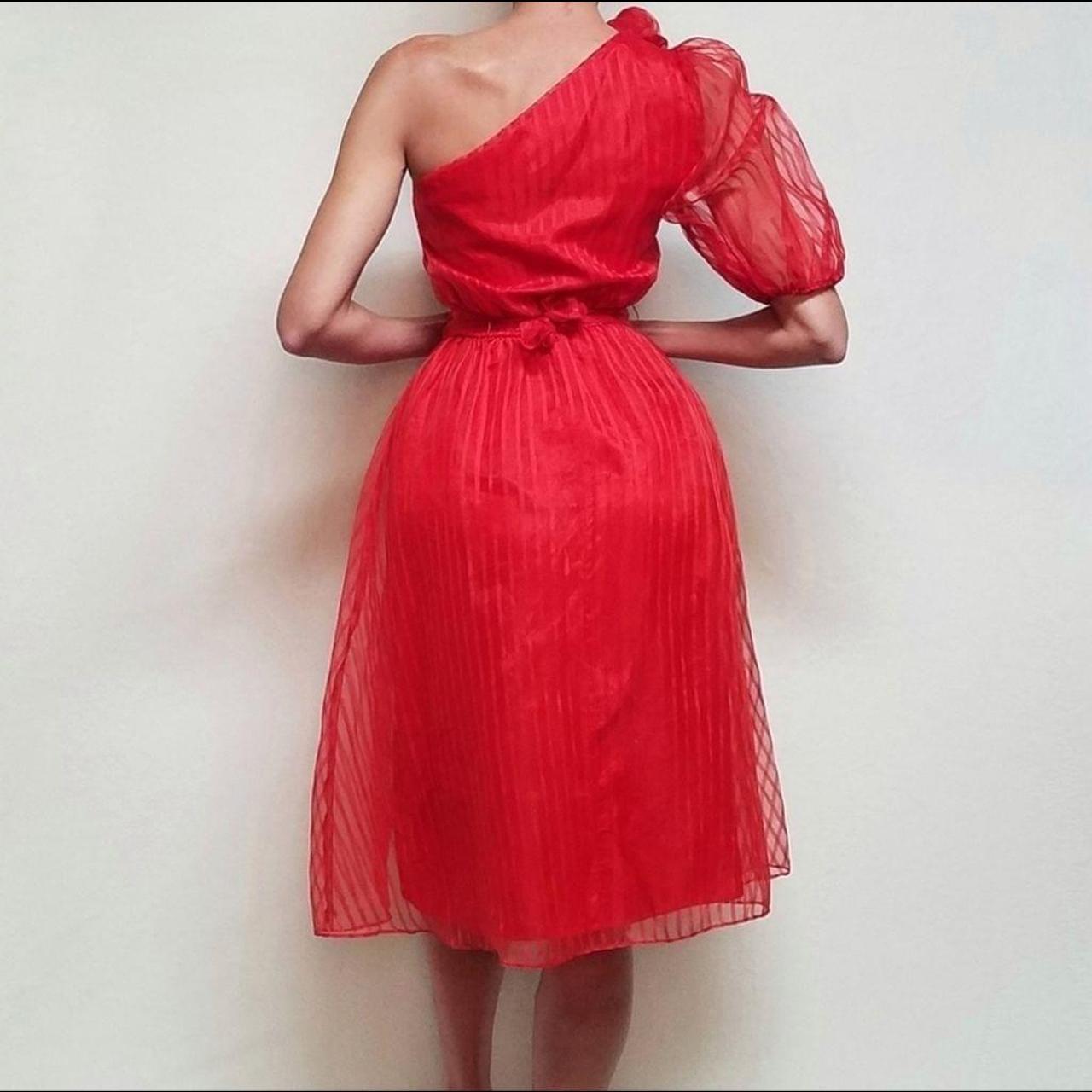 Vintage 1970s Shangri-La Red Pinstripe on sale One-Shoulder Belted Midi Dress ILGWU