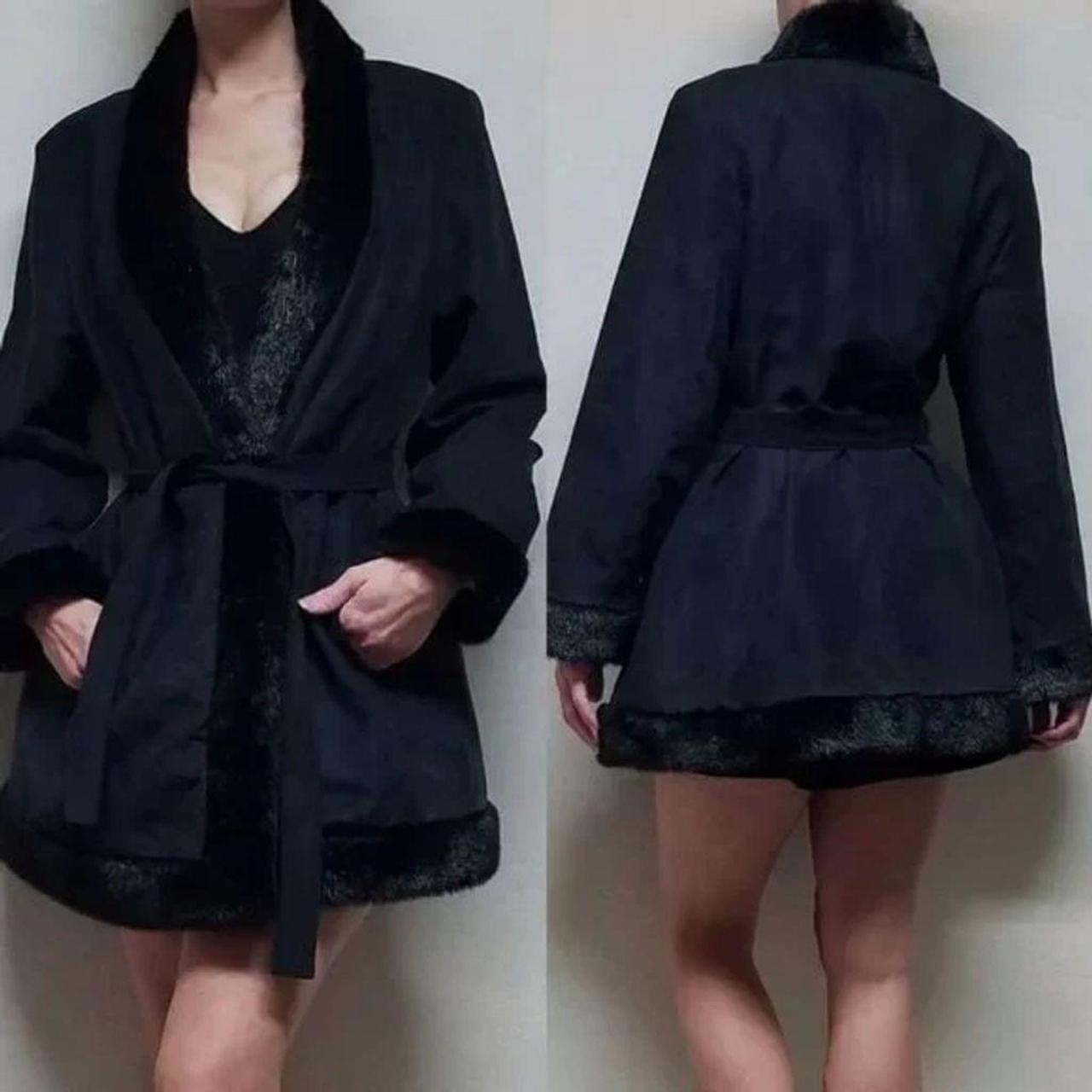 Vintage 80s Extra Point by top Reference Point Black Faux Suede Faux Fur Belted Coat