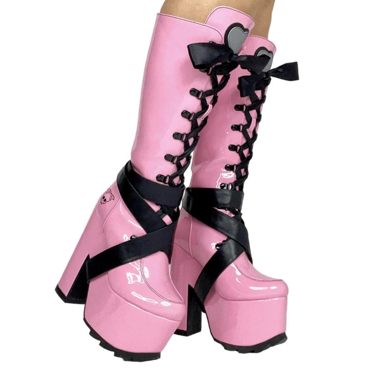 YRU Women's Black and Pink Boots | Depop
