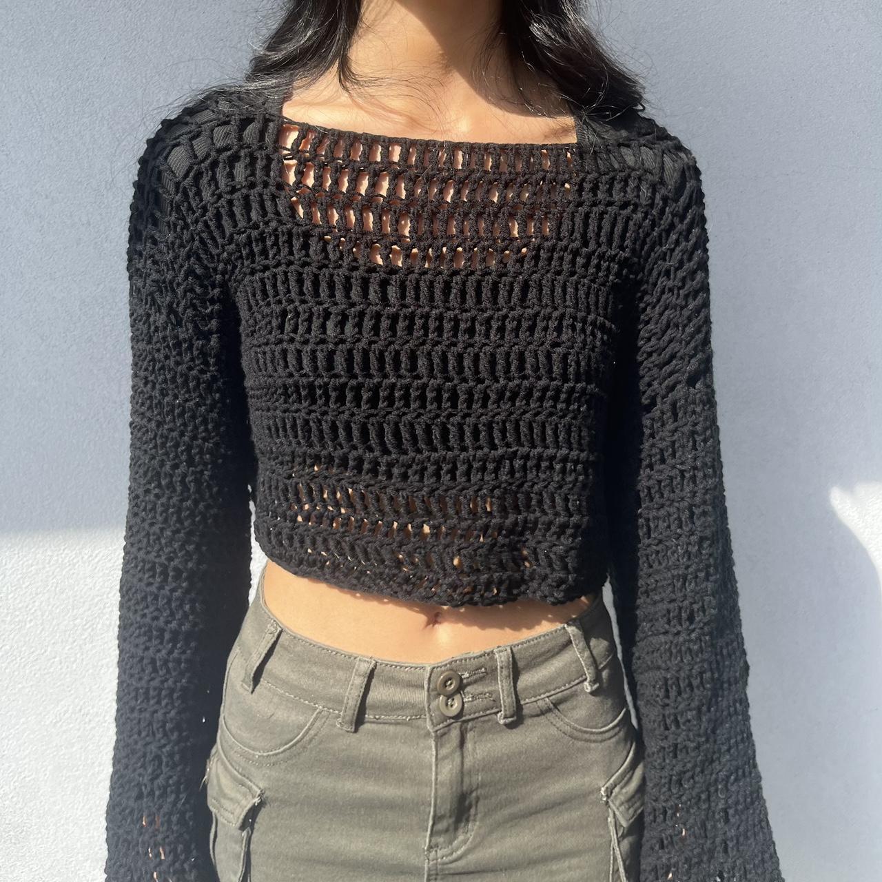 Black cropped sleeved sweater with embroidery I'm - Depop