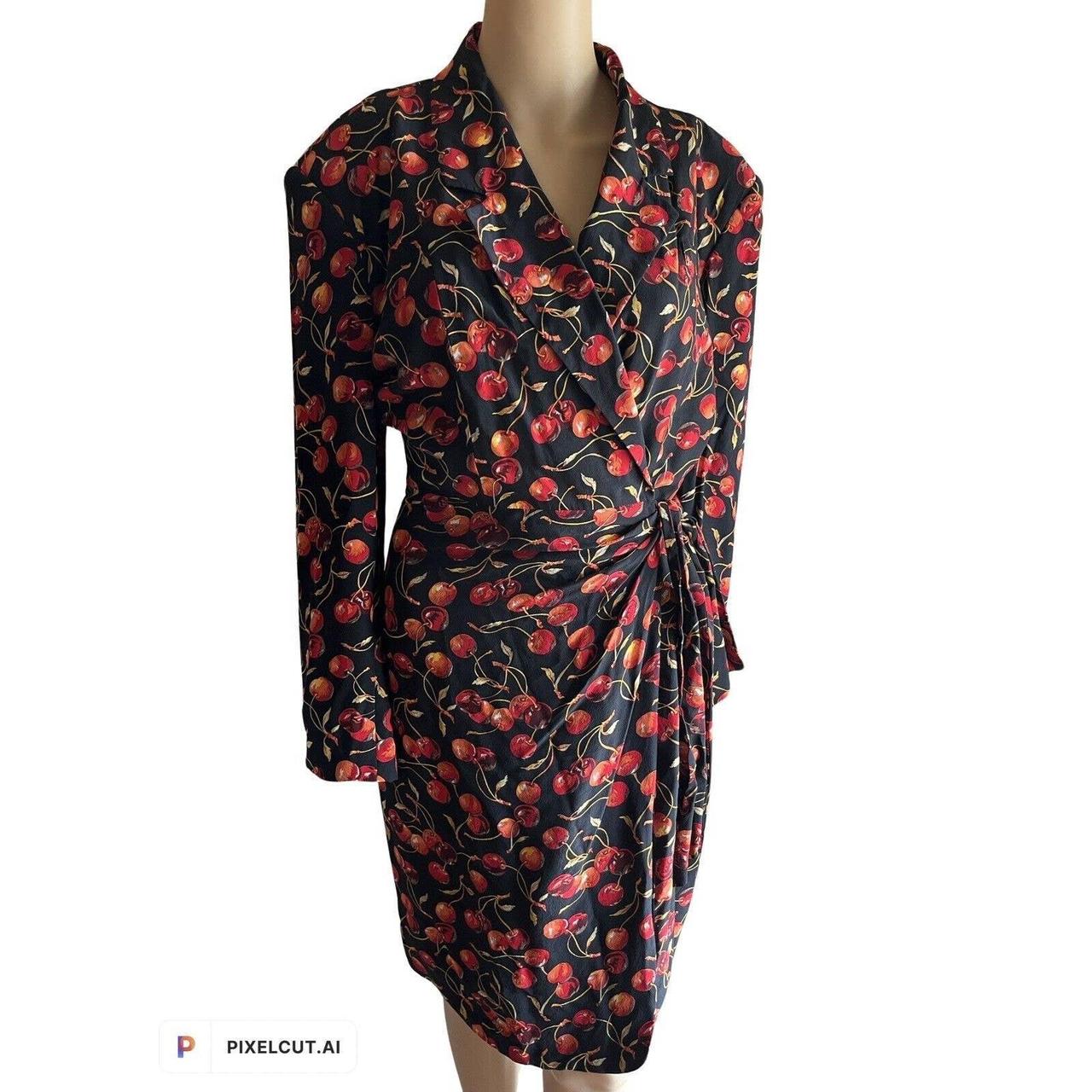 Vintage Cherry Print Red 100% Silk Wrap Dress Small... - Depop