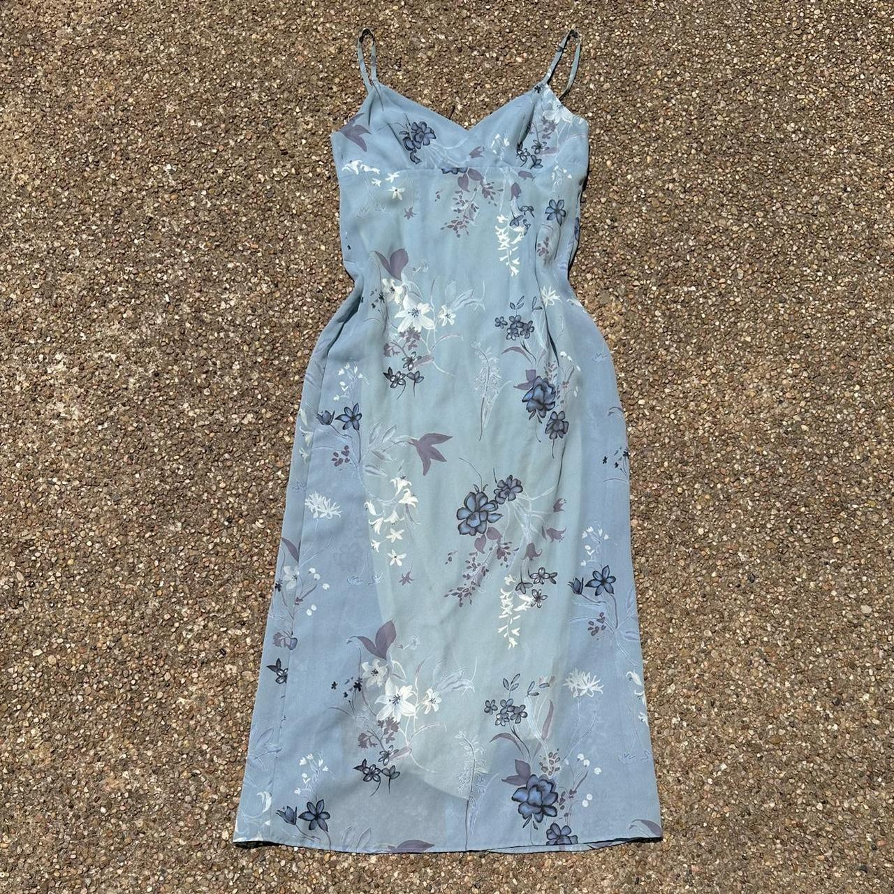 90s A line maxi dress w blue floral pattern marked... - Depop