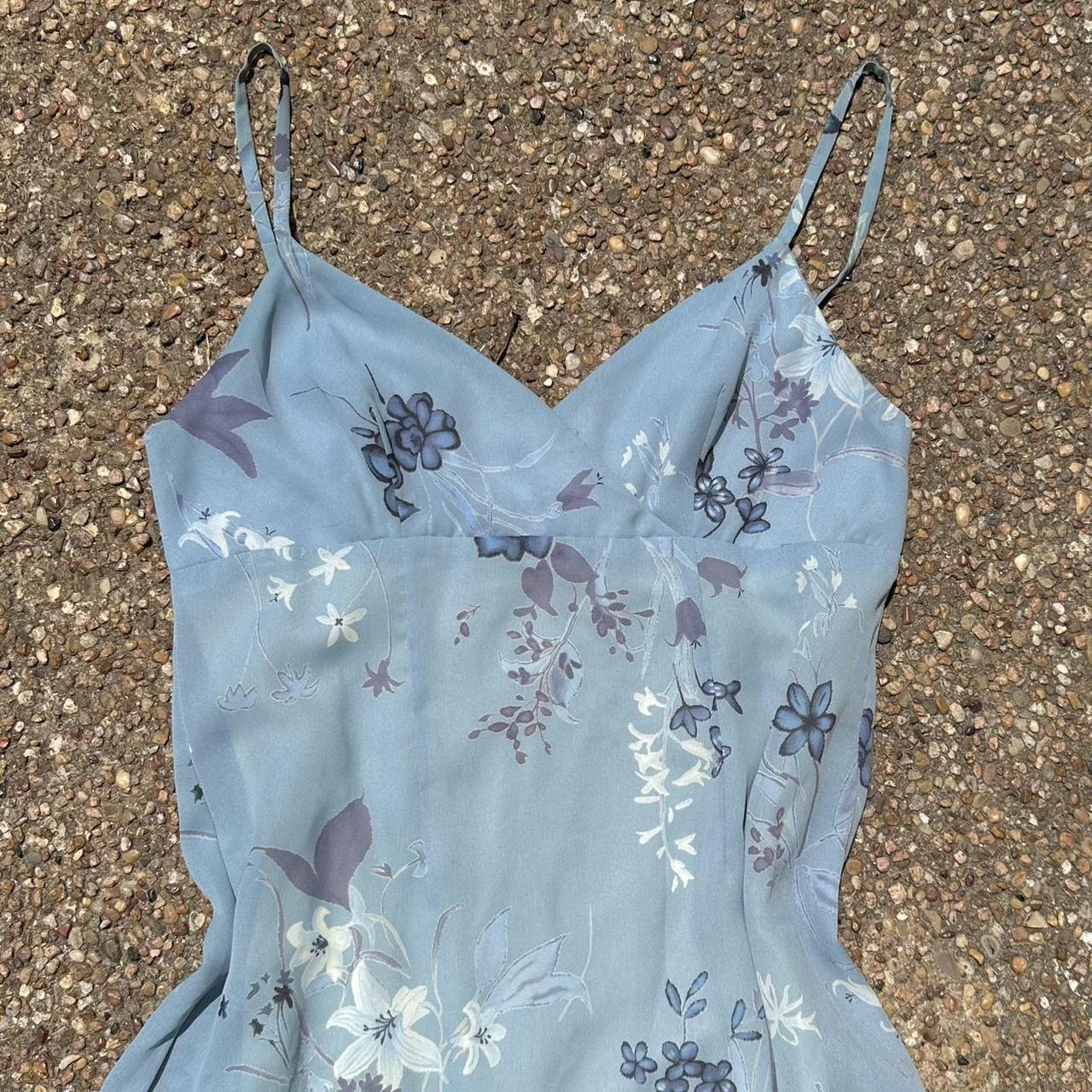 90s A line maxi dress w blue floral pattern marked... - Depop