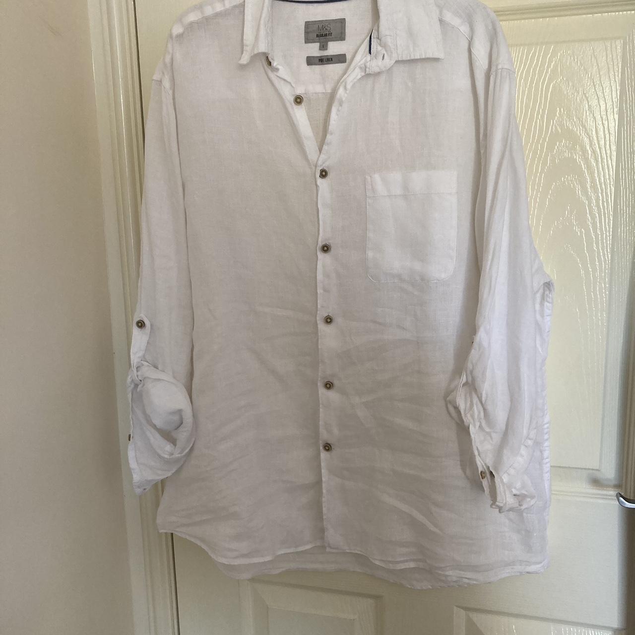 White #linen shirt with 3/4 length sleeves size L -... - Depop