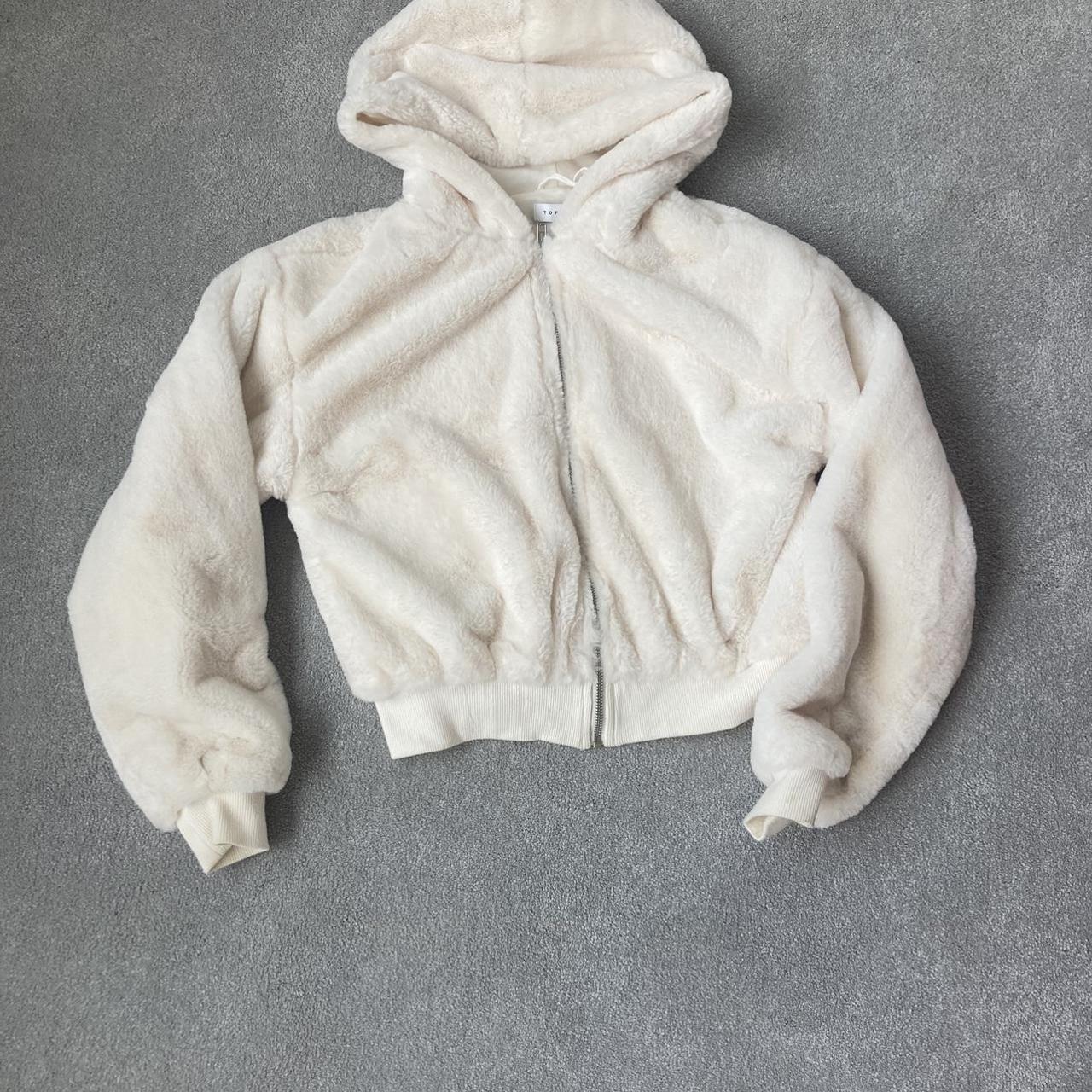 topshop white, fluffy zip up hoodie - Depop