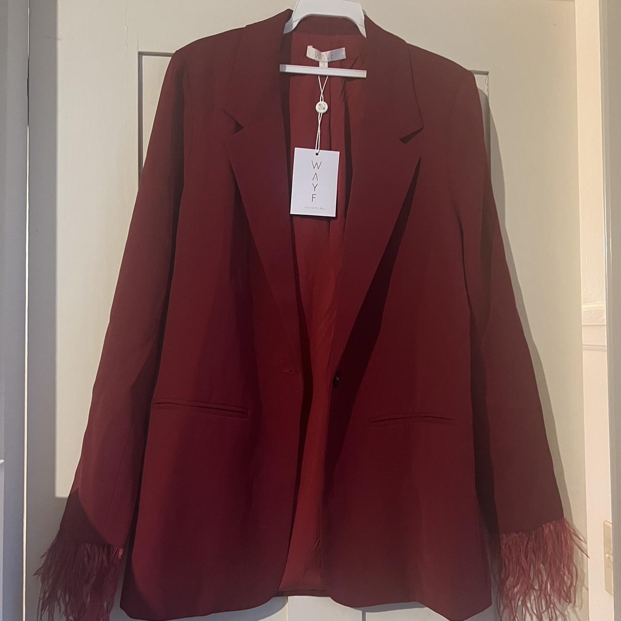 WAYF Feather Trim Blazer in Scarlet NWT. Oversized... - Depop