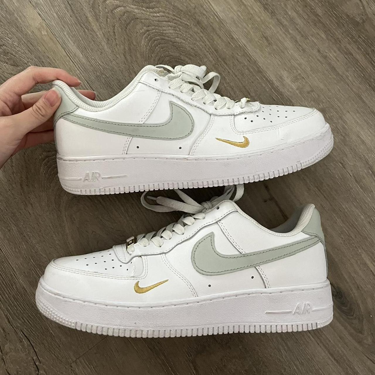 Nike Air Force 1 low white with sage green and gold. Depop