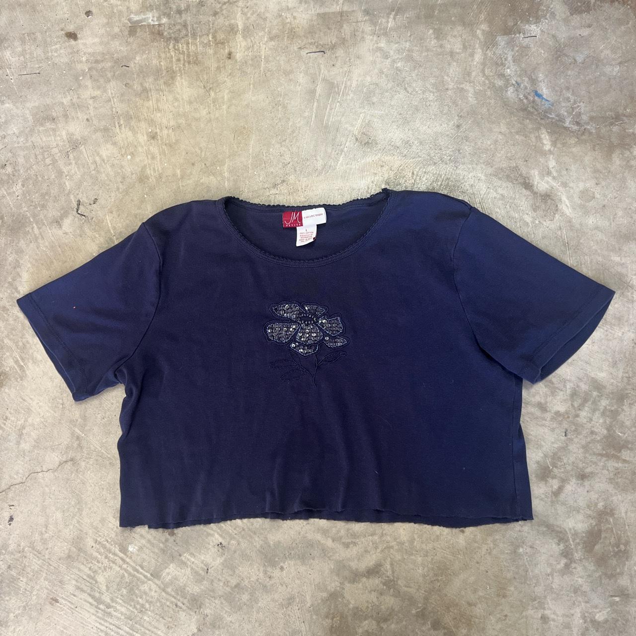 JM COLLECTION cropped navy blue shirt with lace - Depop