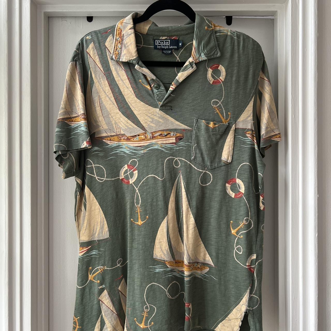 Ralph Lauren Shirt Mens 3XB Green Short Sleeve Button Up Boat Print Sailing
