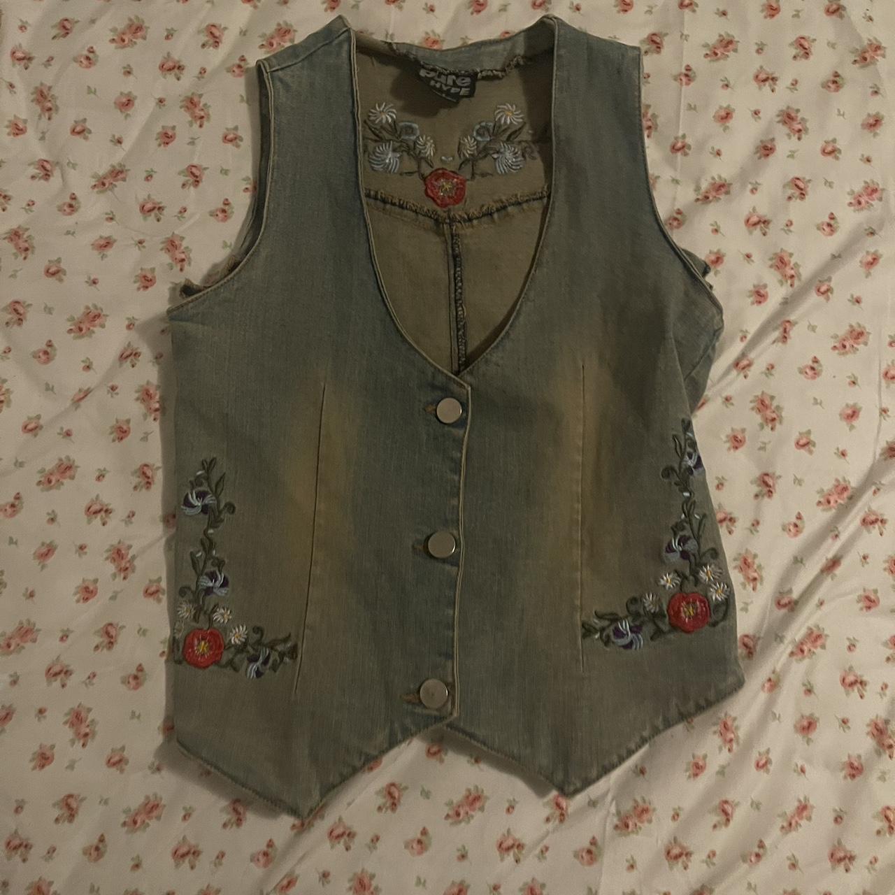 faded wash denim vest with floral embroidery size... - Depop