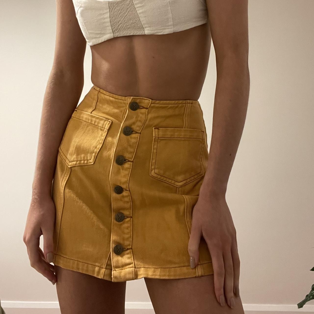 Yellow denim mini skirt. Mink pink. XS Depop