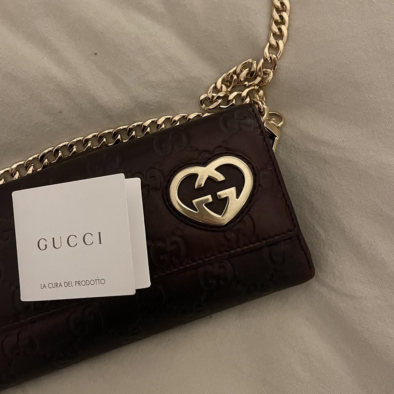 Gucci Women's Burgundy and Gold Bag | Depop