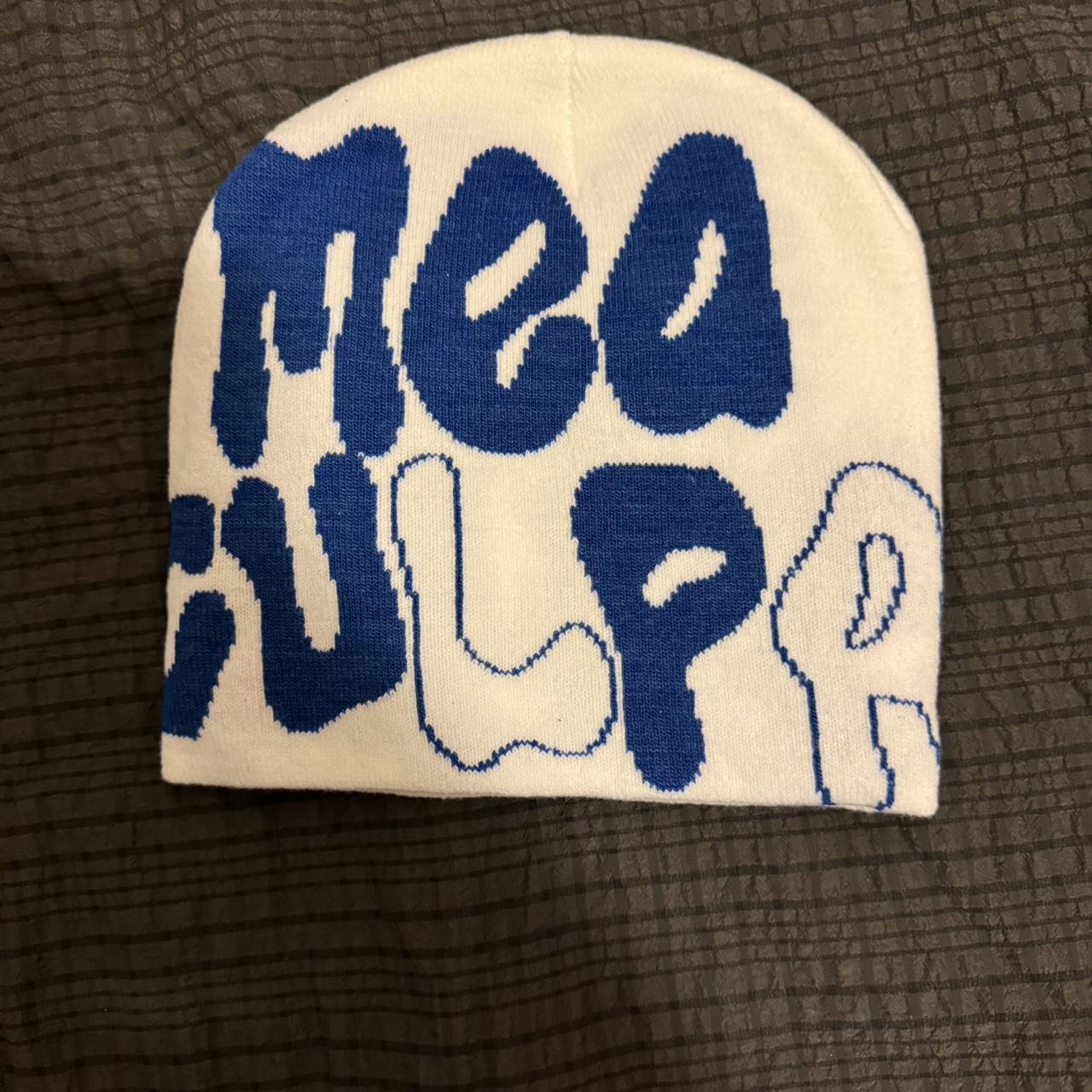 white and blue Mea Culpa beanie - Depop