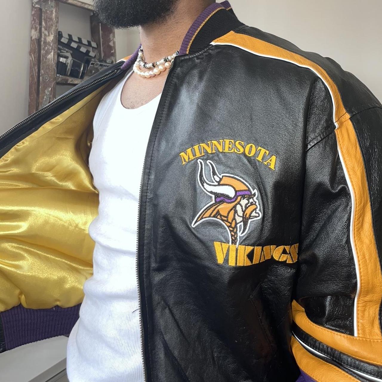 Vintage Minnesota Vikings leather jacket in black. - Depop