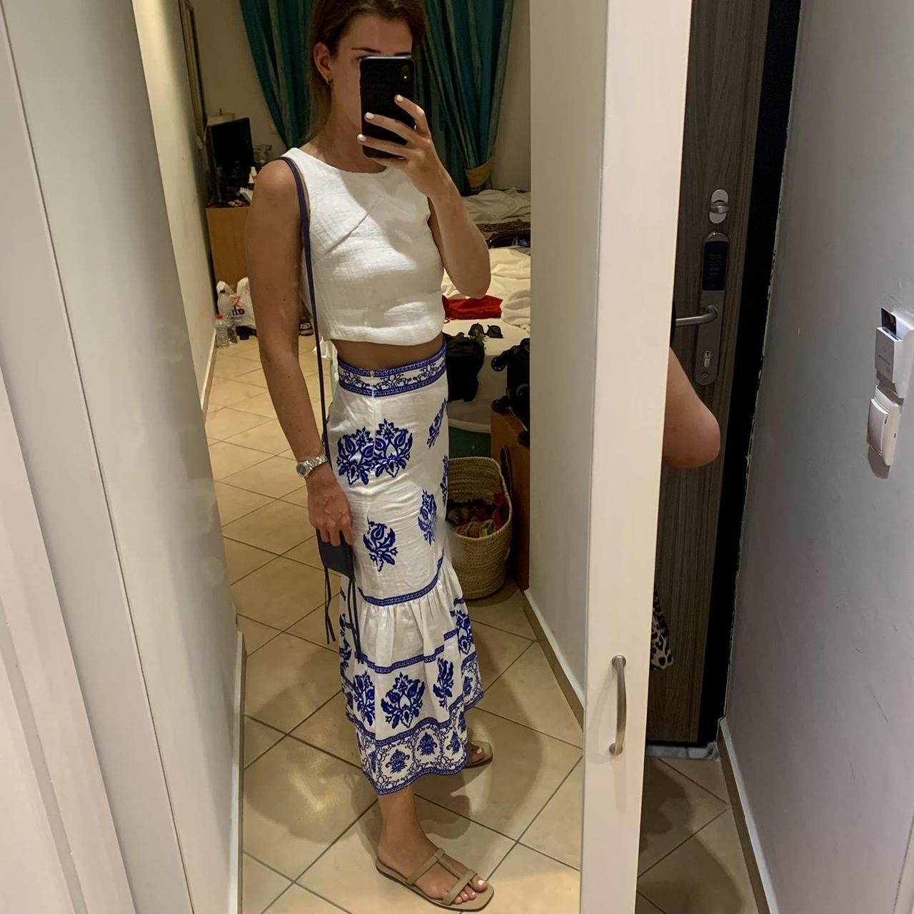 Zara Blue White Embroidered Midi Skirt