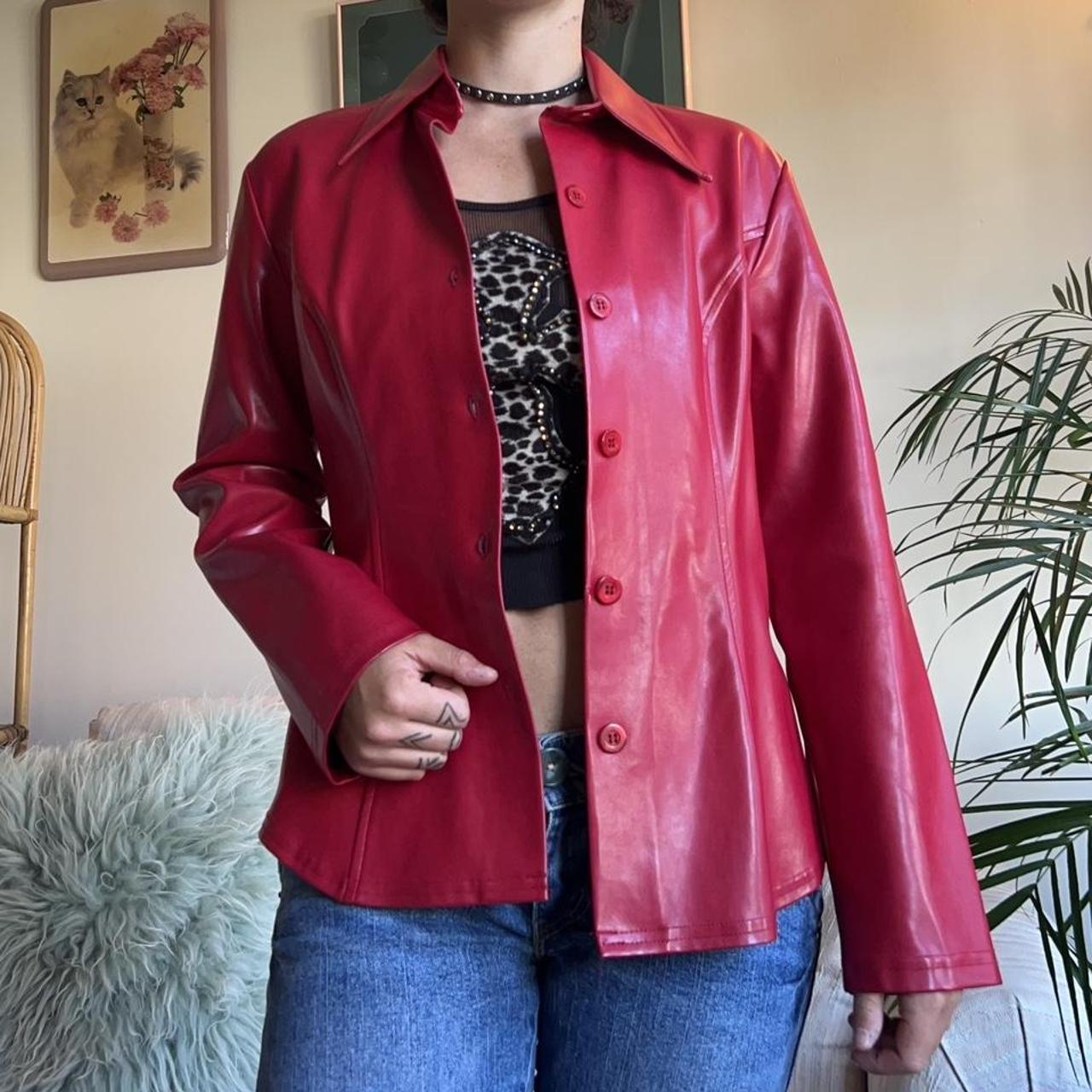 90s Cherry Red PVC button jacket🍒🖤 -soft flexible... - Depop