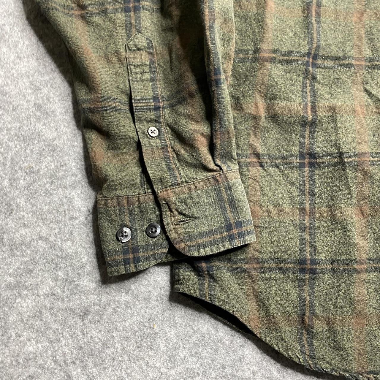 Vintage Olive Green and Brown Flannel Shirt Bleach... Depop
