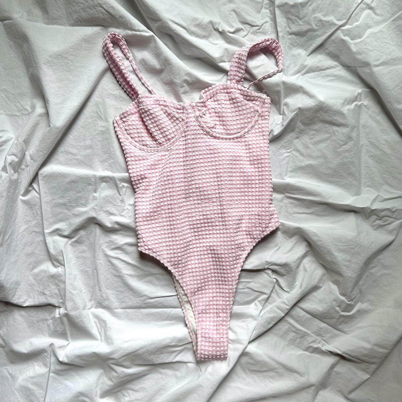 Abercrombie Pink + White Plaid One Piece Swimsuit —... Depop
