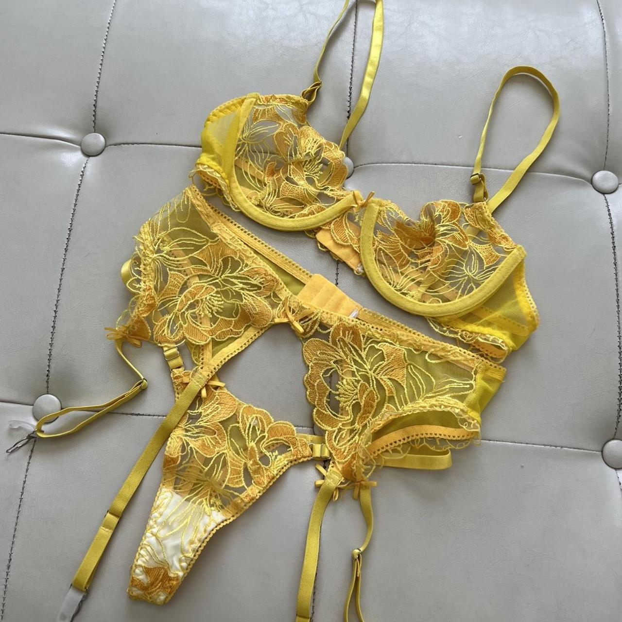 Floral embroidered yellow lingerie set 🌻 size... Depop