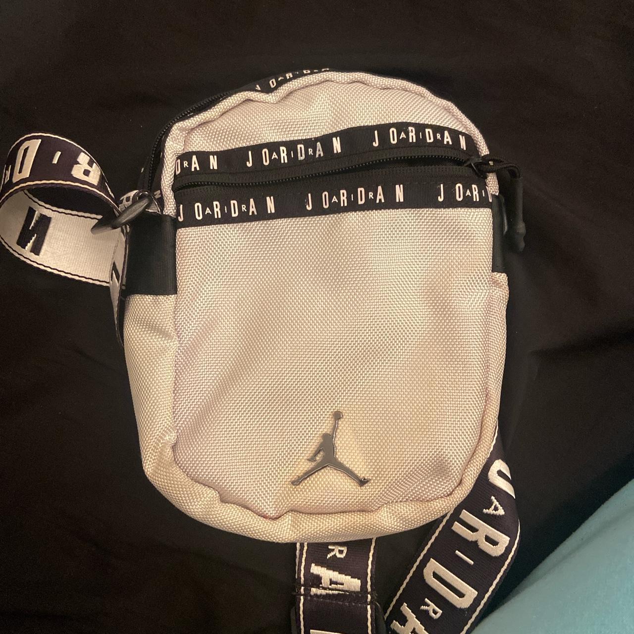 Air Jordan shoulder bag white silver and black. Depop