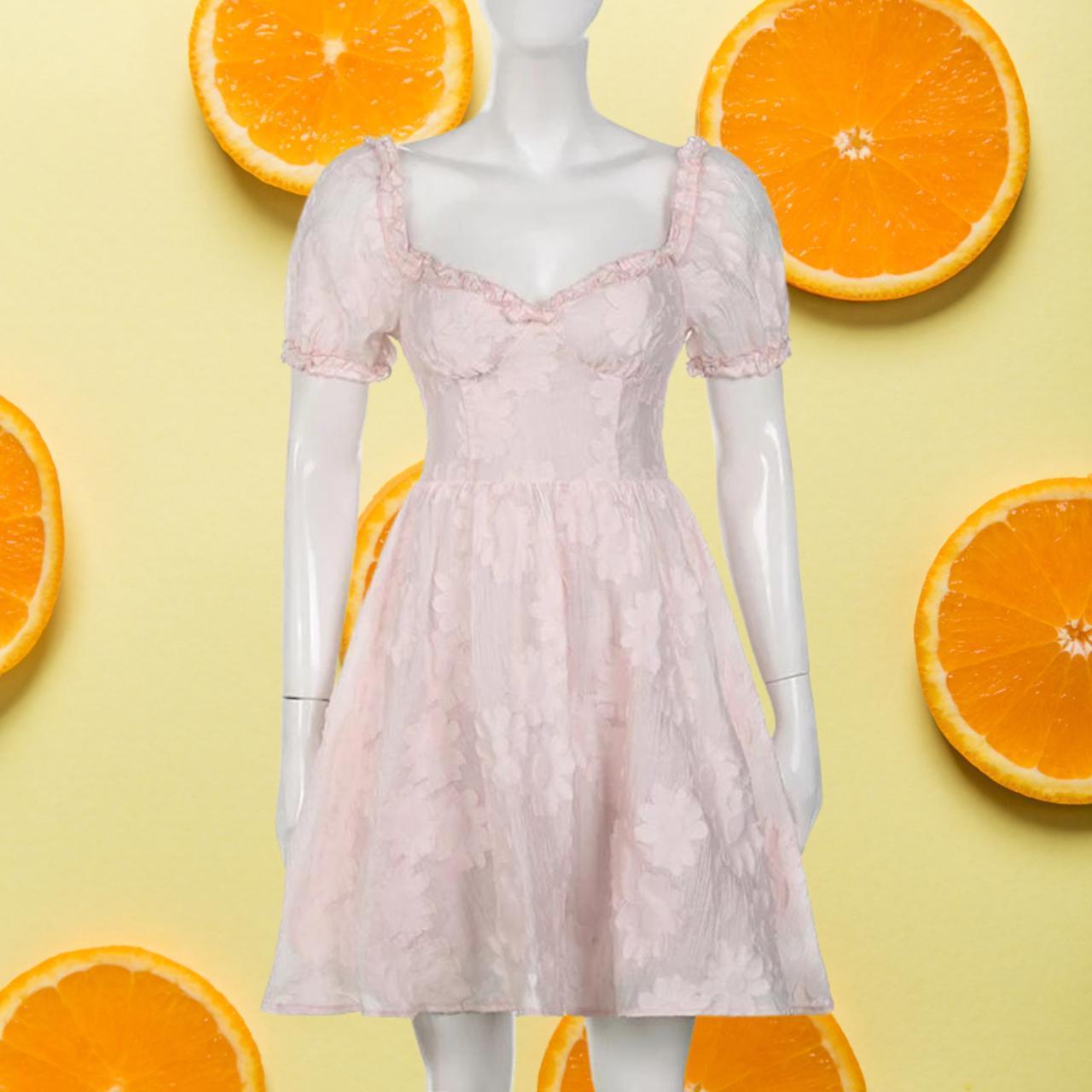 Pink Mini dress, elegant puff short sleeve floral... - Depop
