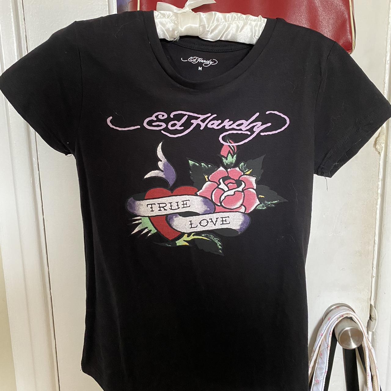 Ed Hardy Women's Black and Pink T-shirt | Depop