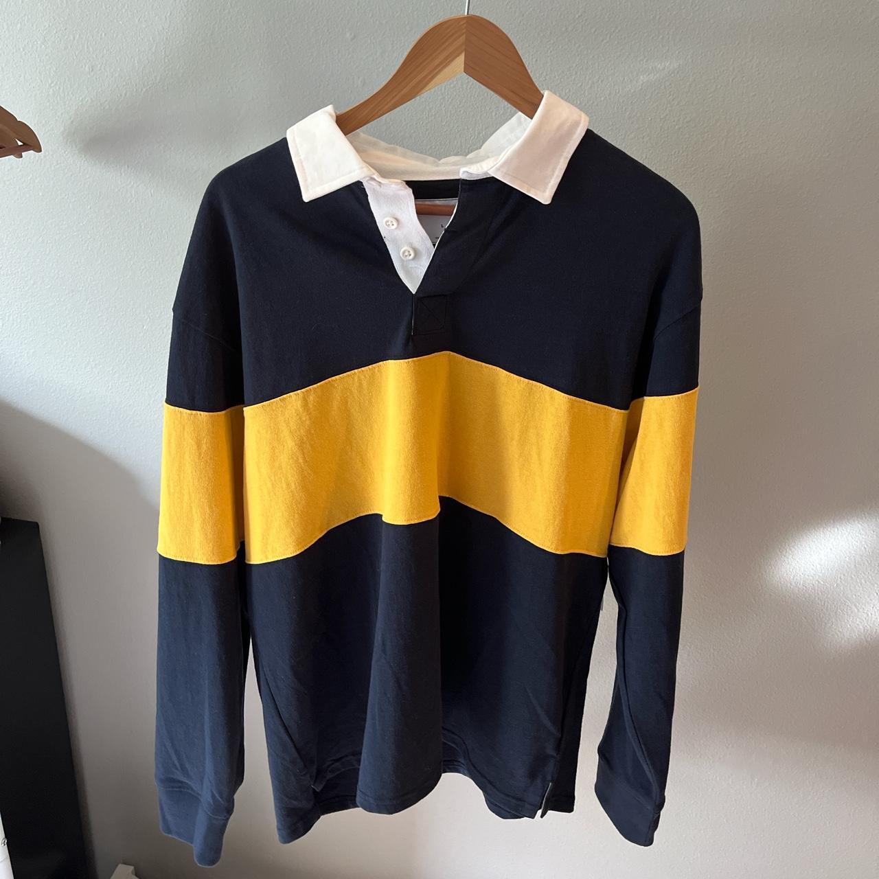 men's navy and mustard shirt