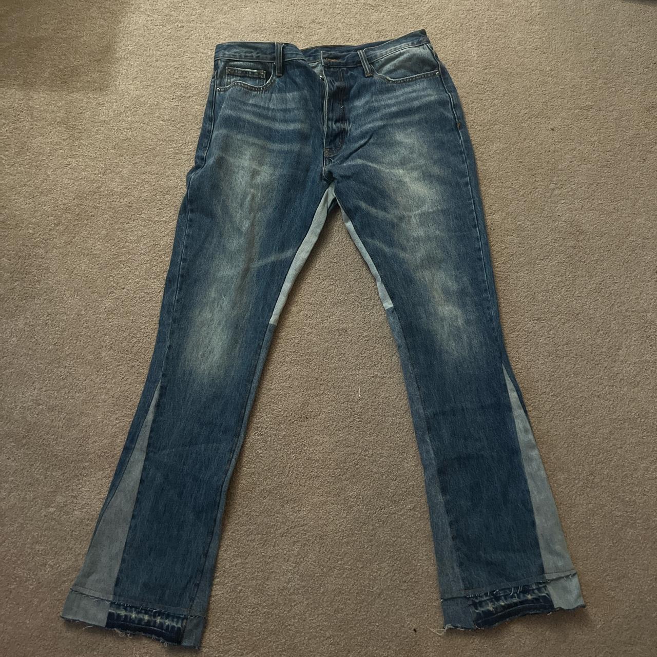 MNML washed blue denim flare pants. Fits... - Depop