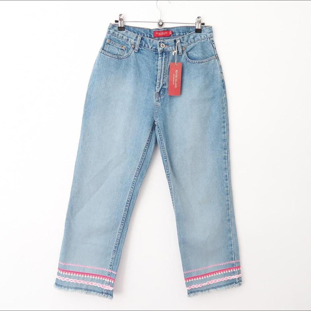 90s river island jeans with pink embroidered trims... Depop