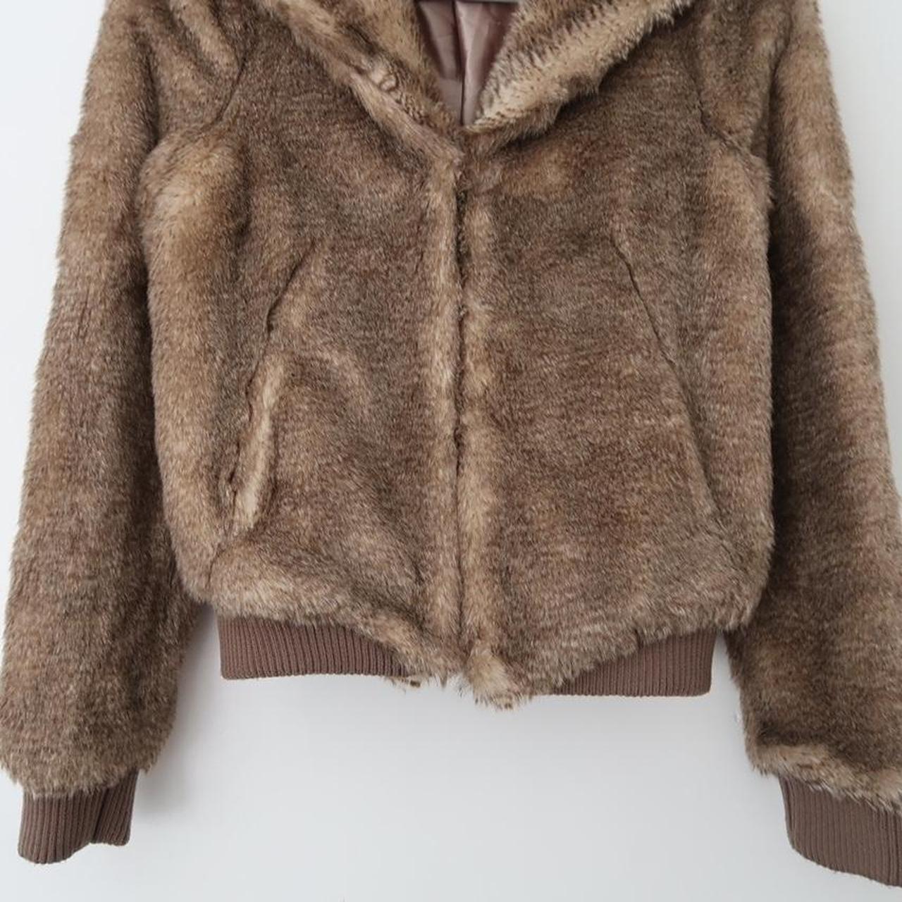 Y2k cropped faux fur jacket. Brown with elasticated... - Depop