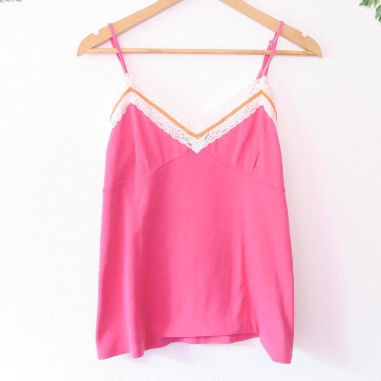 pink y2k strappy cami tank top. with lace trim and... Depop