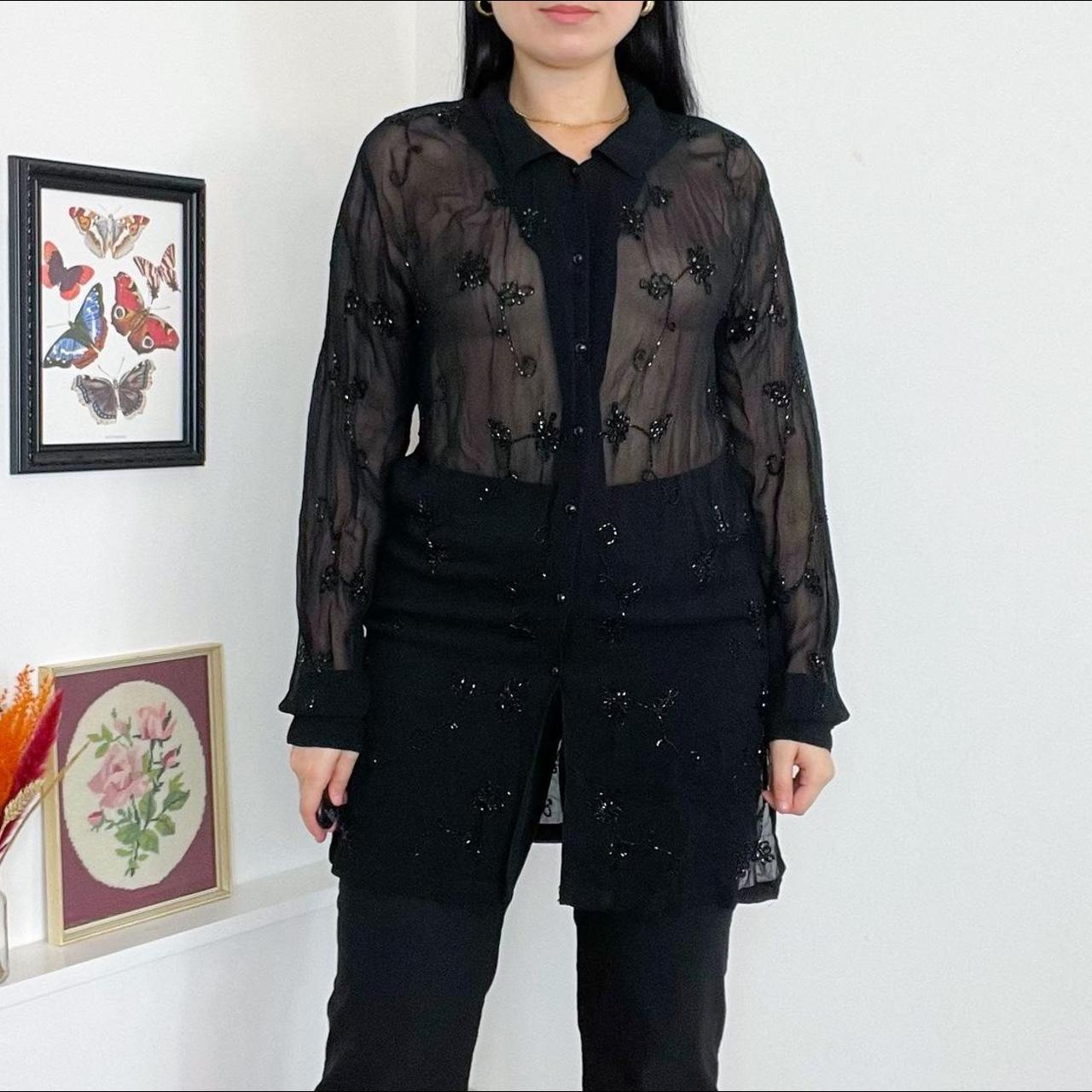 Vintage beaded shirt 90s black beaded flower... Depop