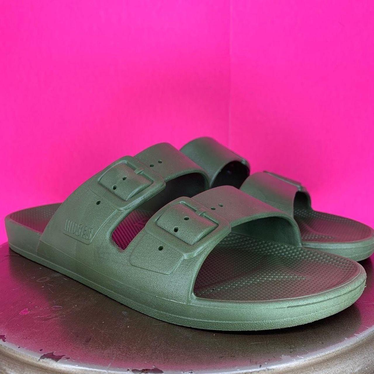 FREEDOM MOSES DARK GREEN TWO STRAP PVC SLIDE SANDAL... - Depop