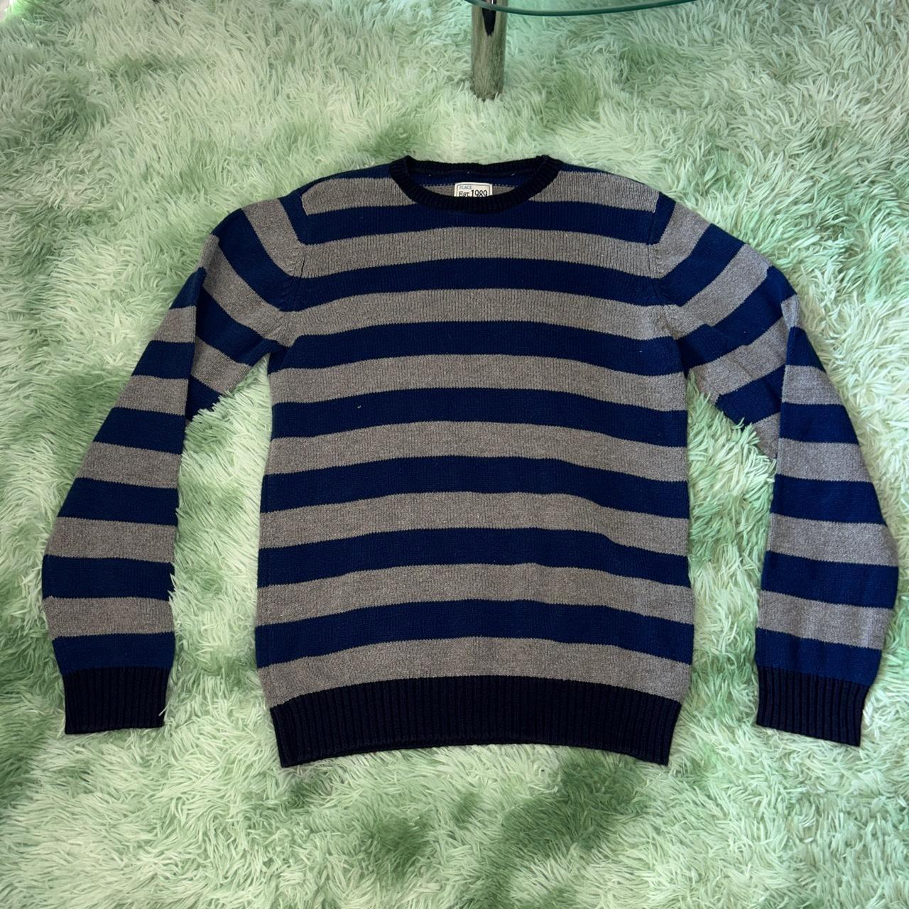 Blue and Grey Striped Sweater Size XL (14 Wmns) Fits... - Depop