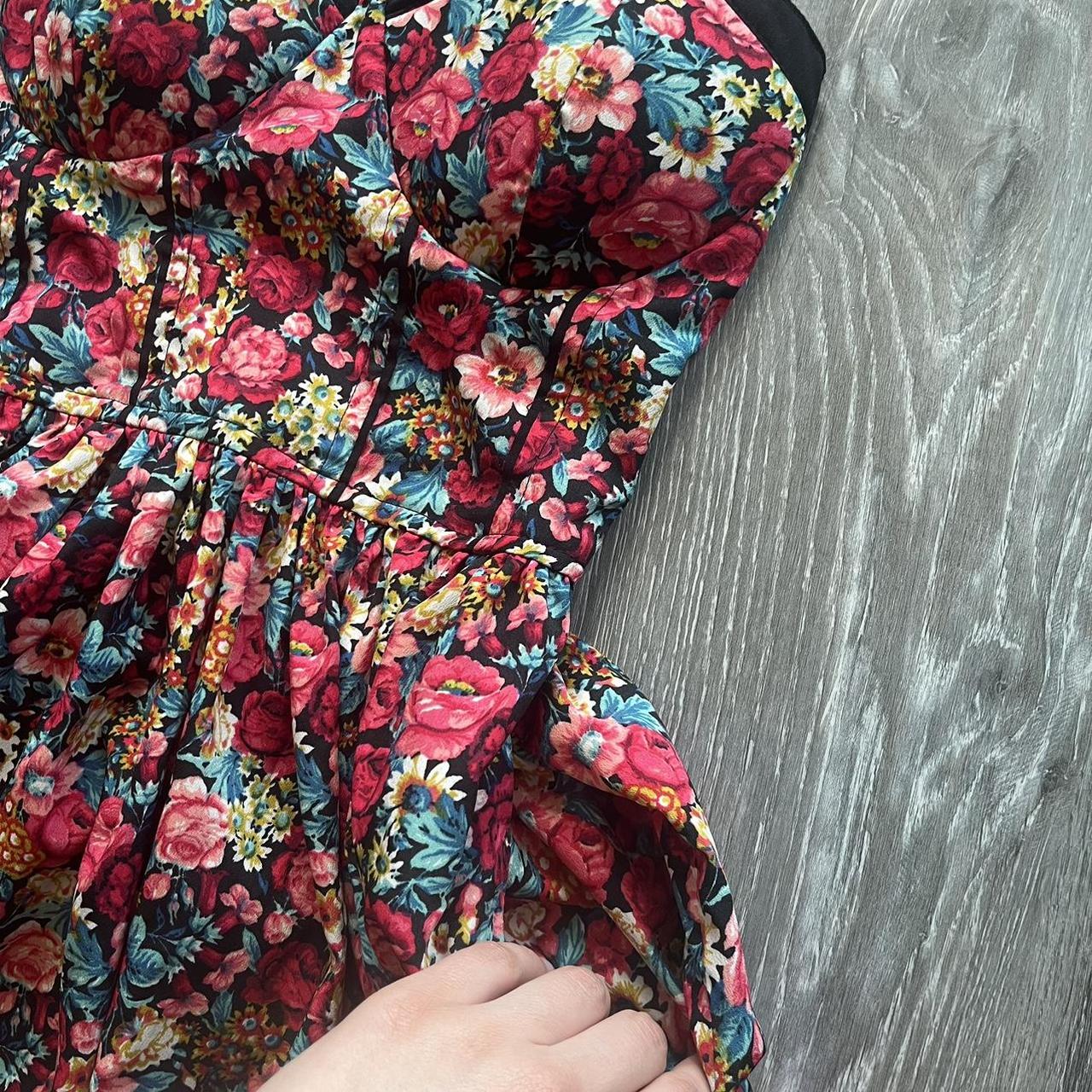 red, pink, & yellow floral fitandflare dress, size... Depop
