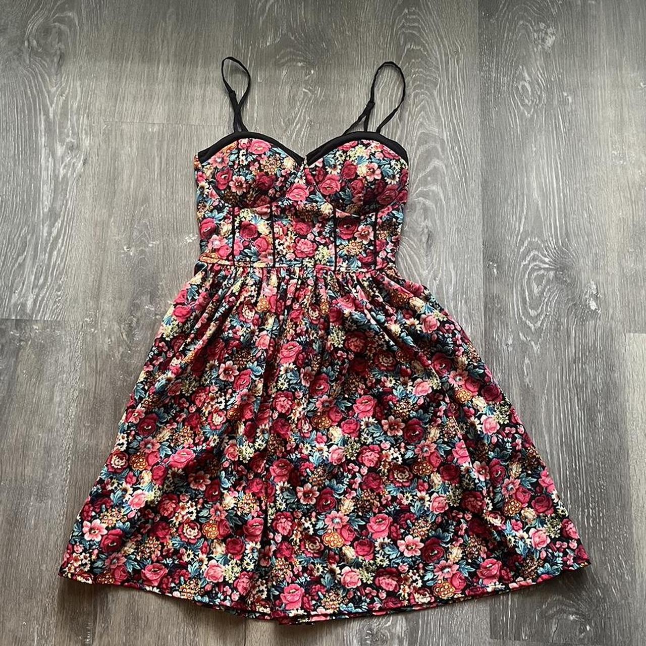 red, pink, & yellow floral fitandflare dress, size... Depop