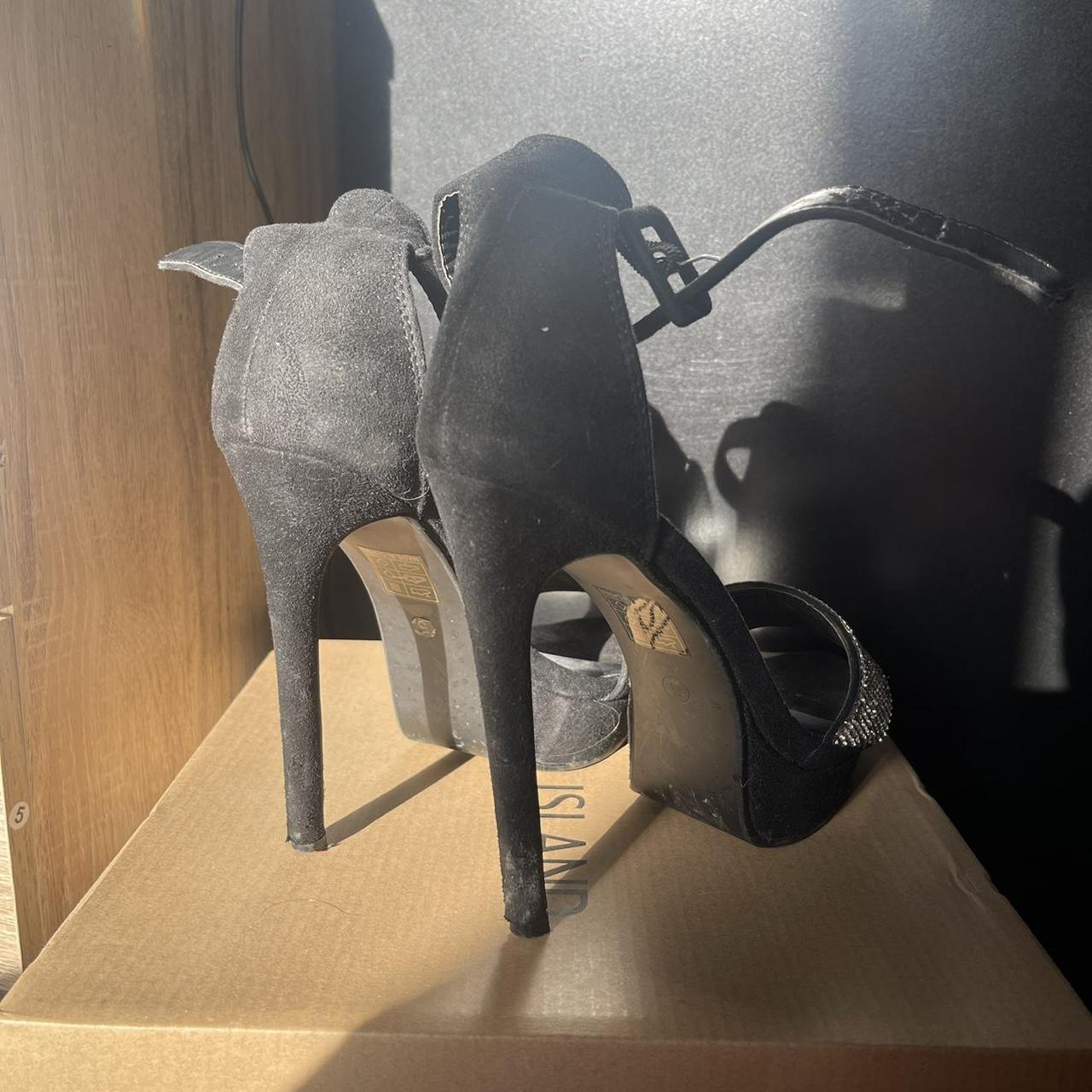 black and silver high heels with diamanté strap size... - Depop