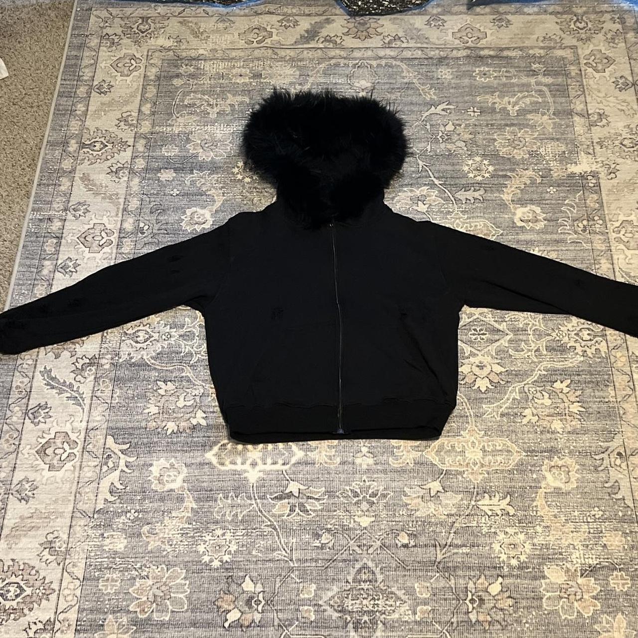 Small Distressed Black Fur hoodie - Depop