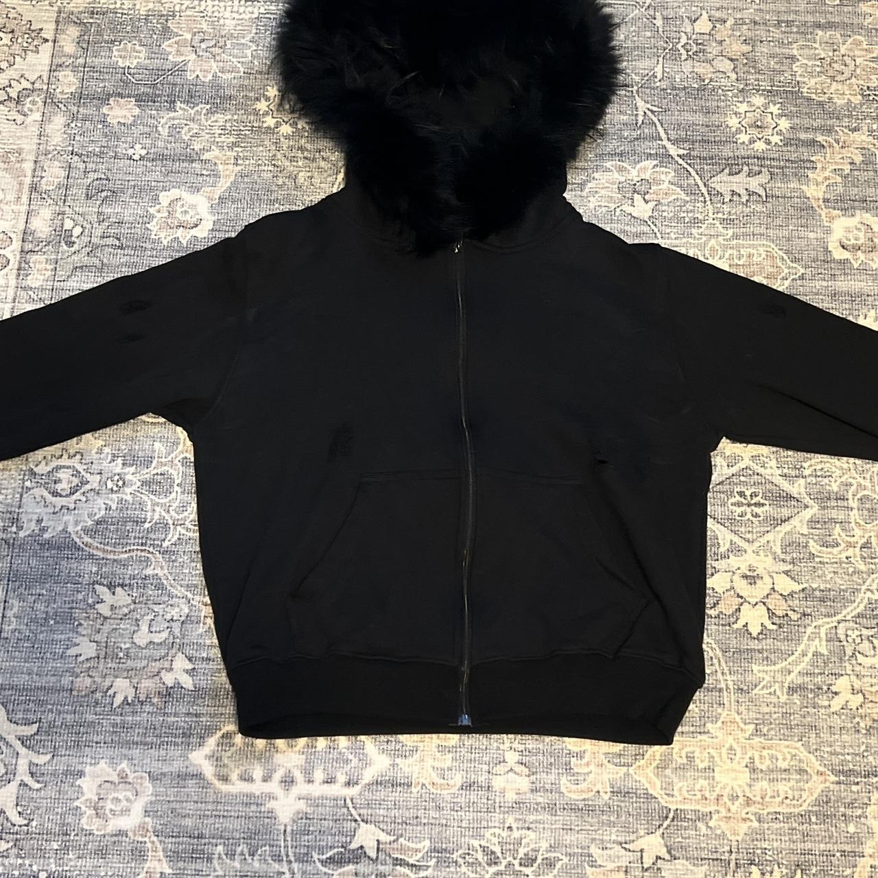 Small Distressed Black Fur hoodie - Depop