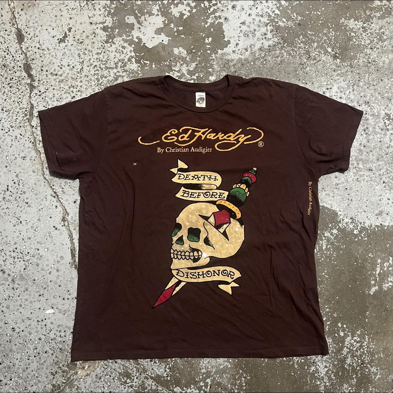 Ed Hardy Women's Brown and Cream T-shirt | Depop