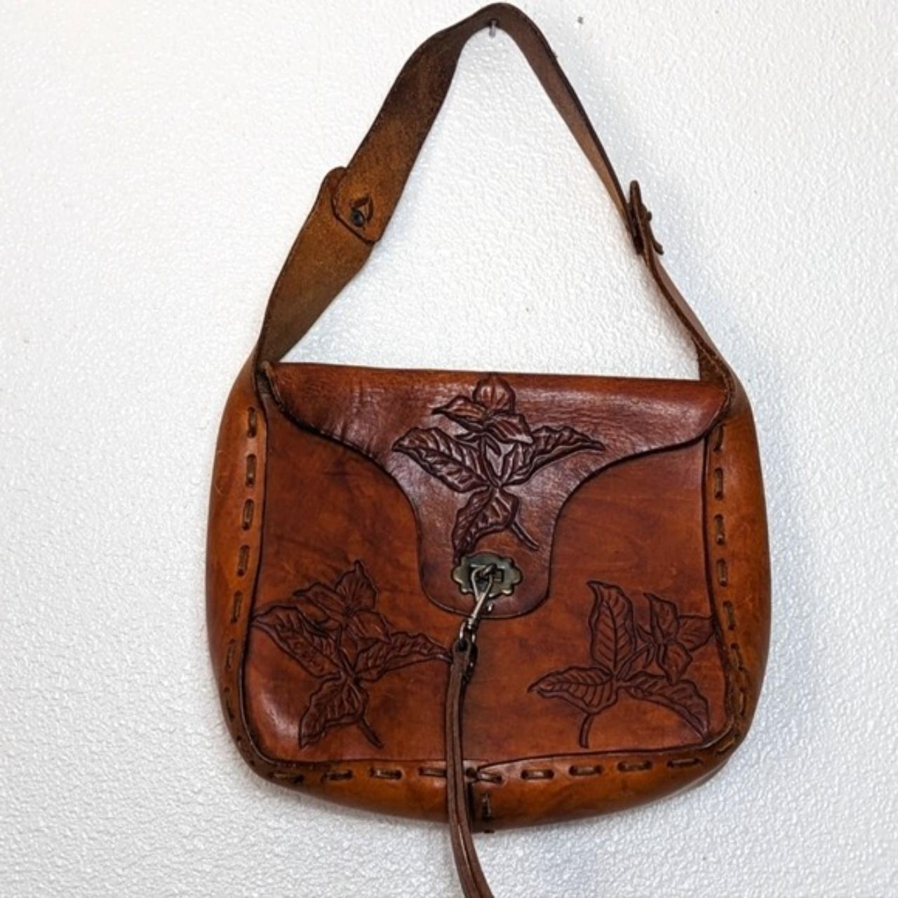 VINTAGE Leather Embossed Purse Satchel Floral Brown... Depop