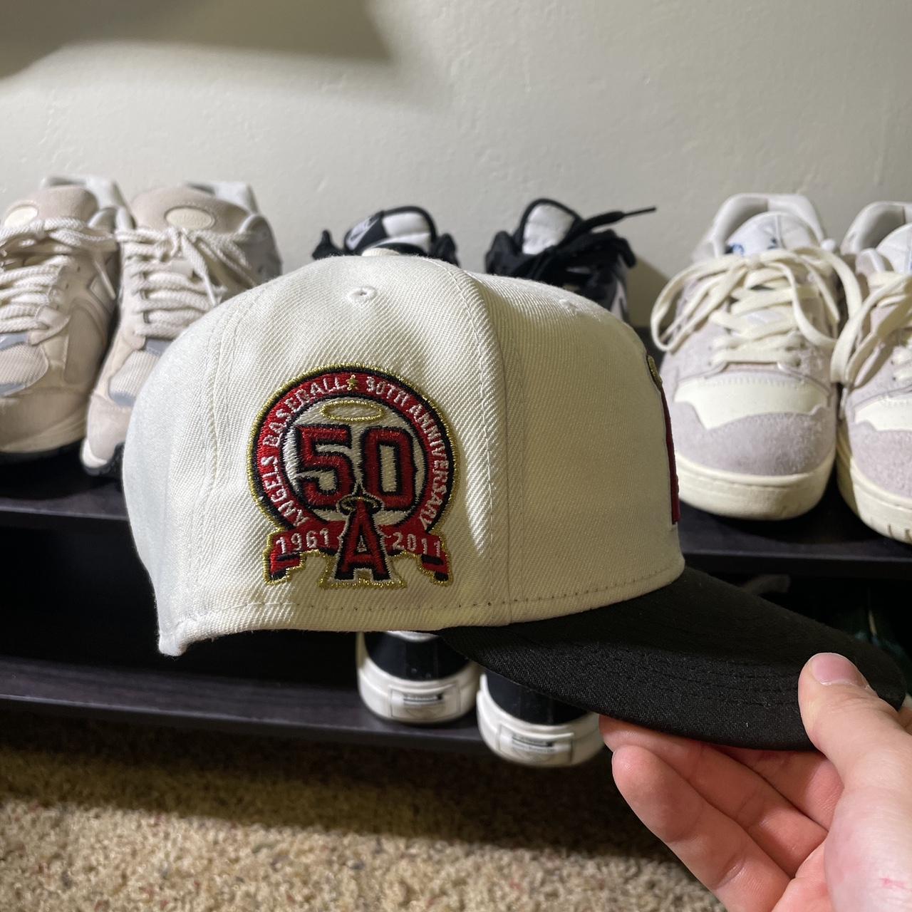 Los Angeles Angels black fitted hat with pink - Depop