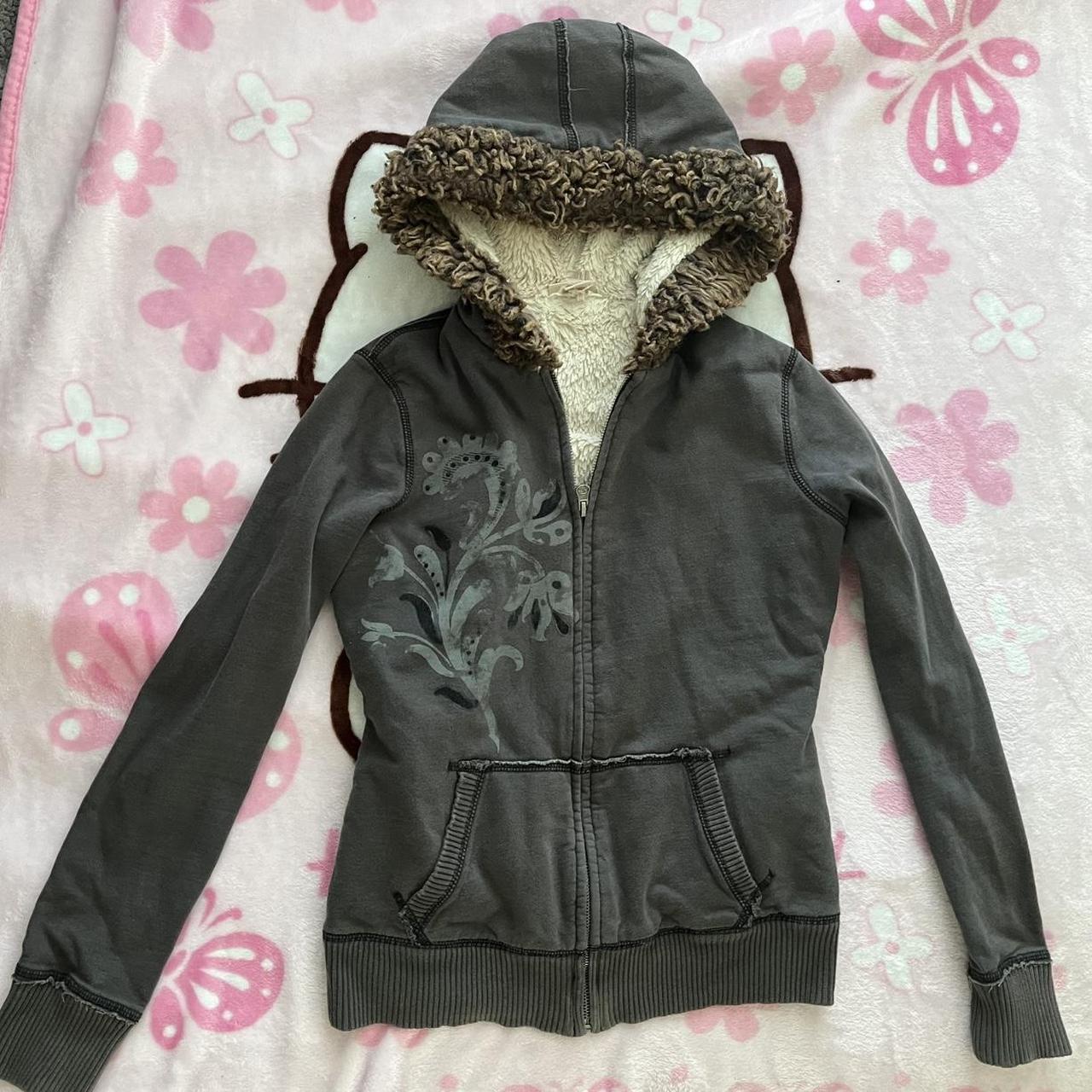 Black and grey zipup hoodie with faux fur hood &... Depop