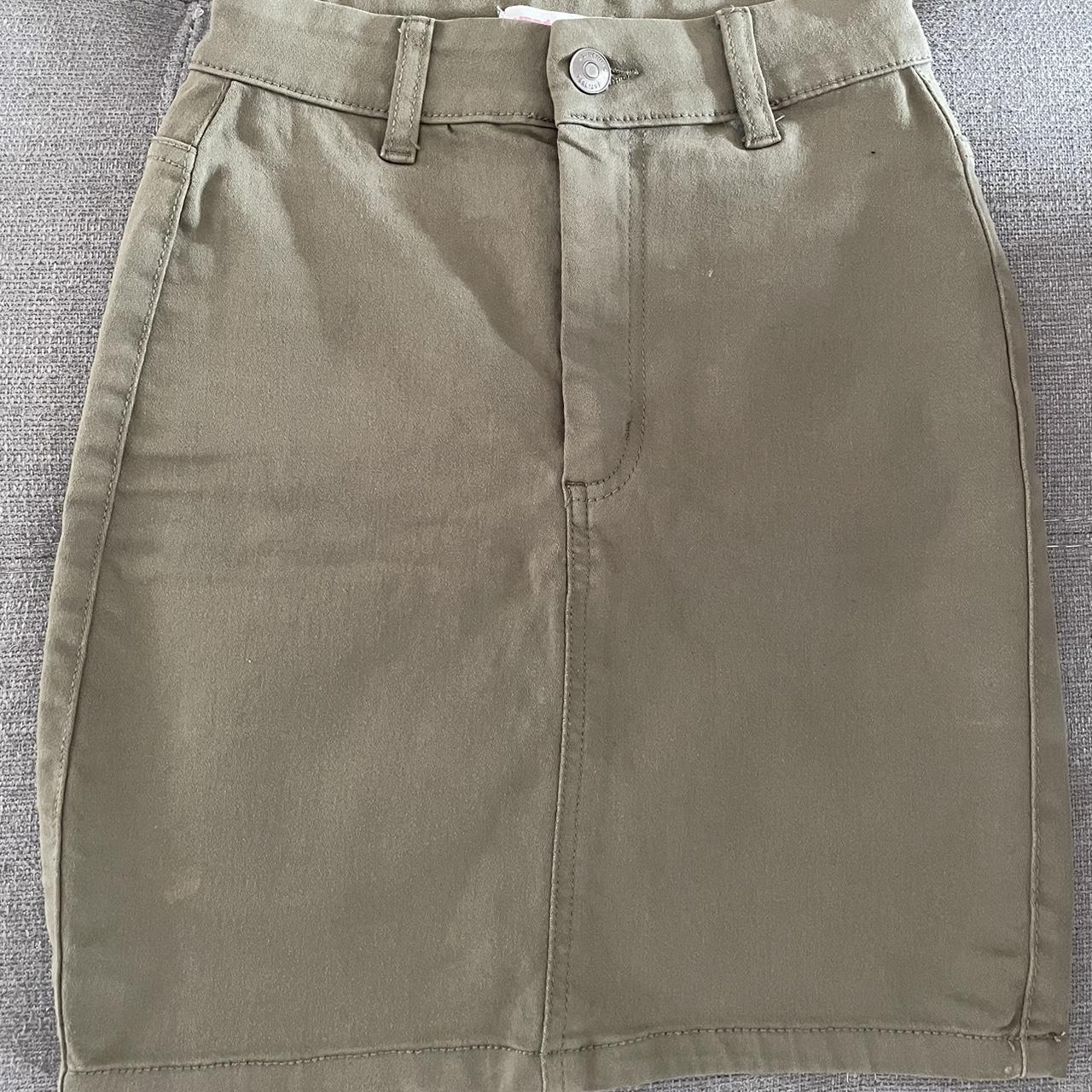 army green/khaki denim skirt on the longer side of... - Depop