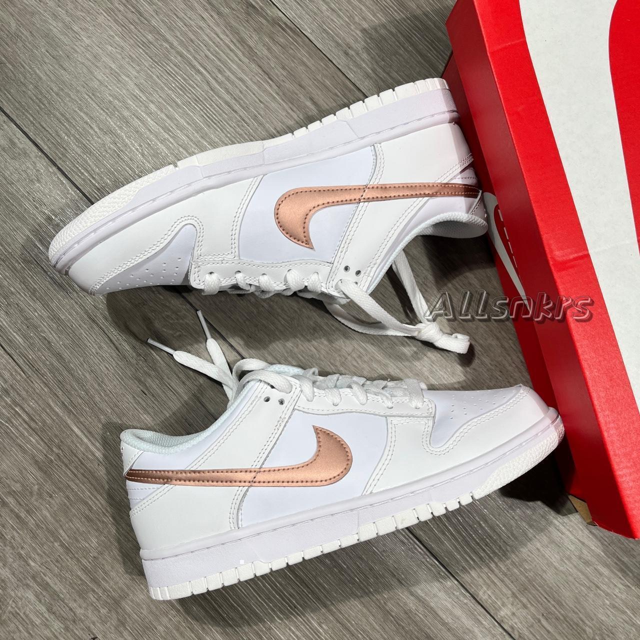 Nike white and shop rose gold shoes