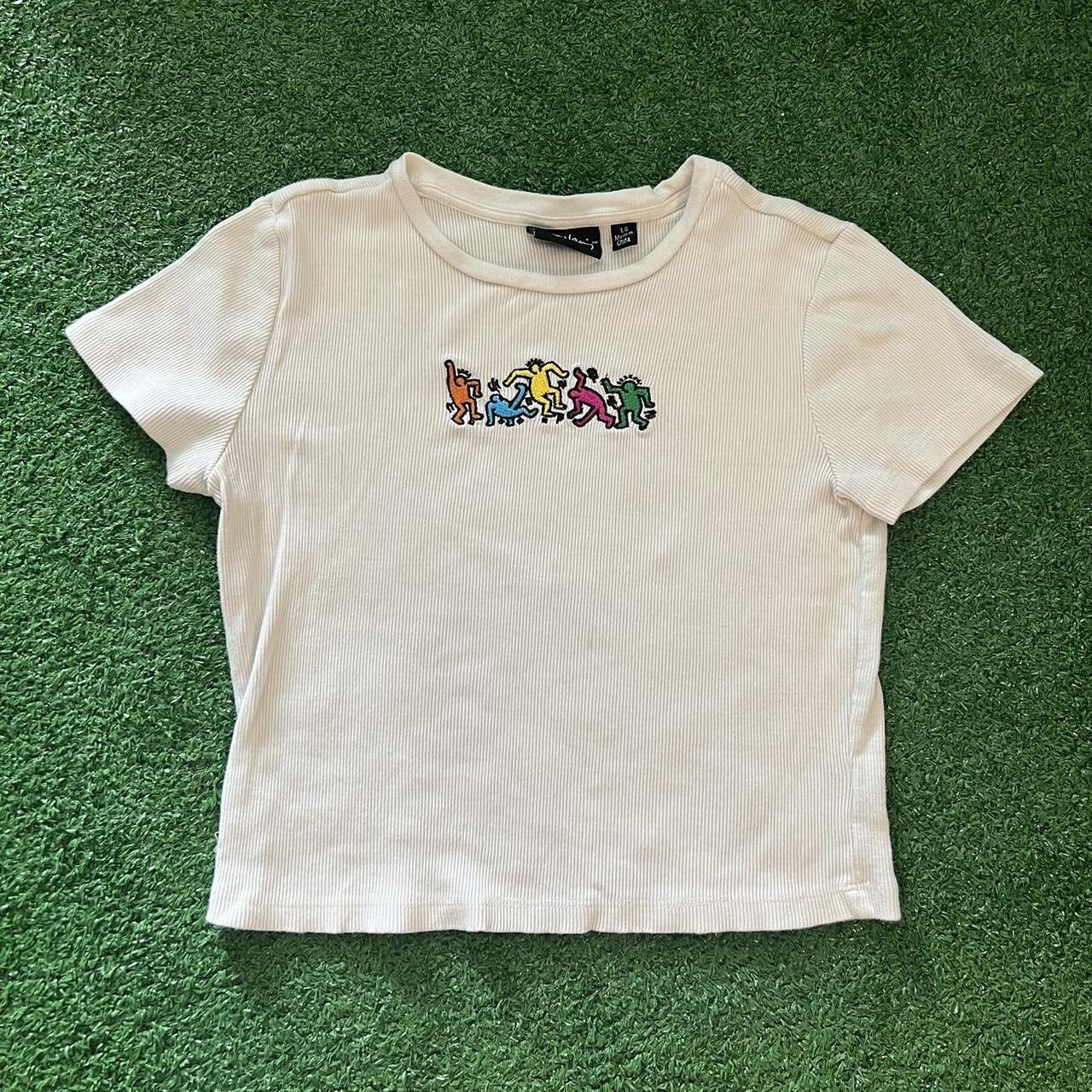White and Multicolored Keith Haring Baby Tee,... - Depop